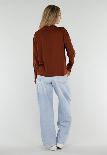 NEW120826 Bruine Top met Kanten Lange Mouwen