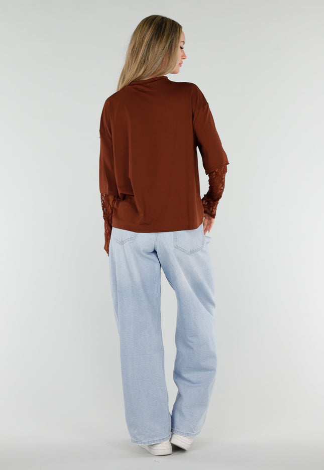 NEW120826 Bruine Top met Kanten Lange Mouwen