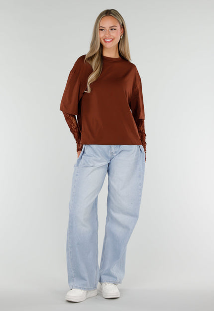NEW120826 Bruine Top met Kanten Lange Mouwen