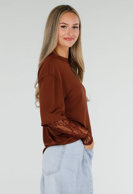 NEW120826 Bruine Top met Kanten Lange Mouwen