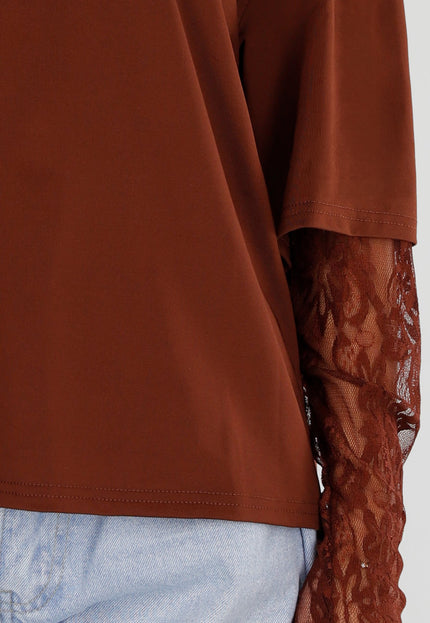 NEW120826 Bruine Top met Kanten Lange Mouwen