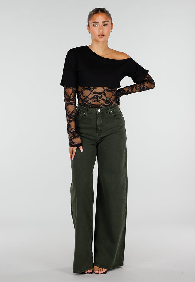 NEW120826 Donkergroene Wide Leg Jeans