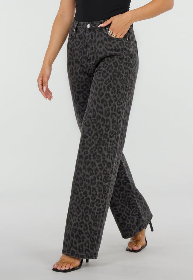 NEW120826 Grijze Straight Leg Jeans met Panterprint