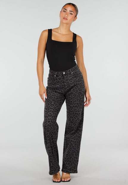 NEW120826 Grijze Straight Leg Jeans met Panterprint