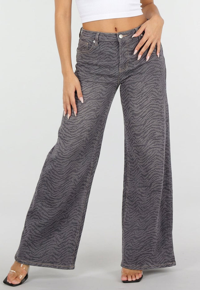 NEW120826 Grijze Wide Leg Jeans met Zebraprint