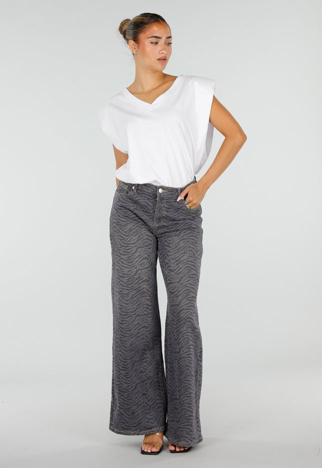 NEW120826 Grijze Wide Leg Jeans met Zebraprint
