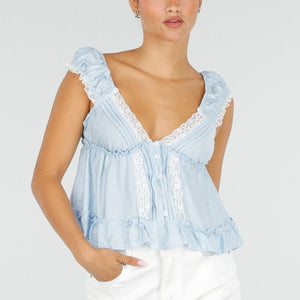 NEW120826 Lichtblauwe Blouse met Kant en Ruches