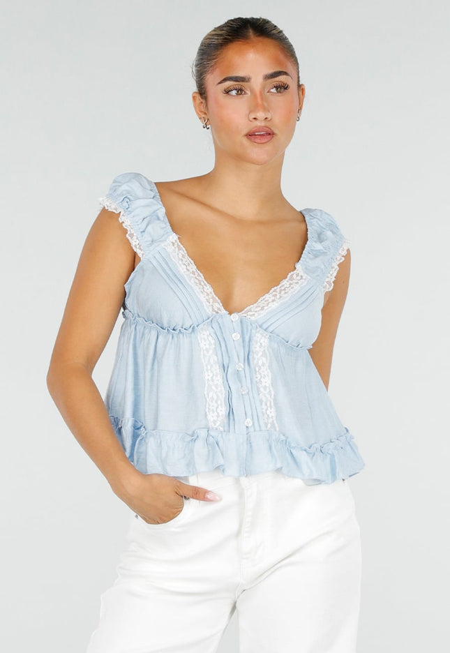 NEW120826 Lichtblauwe Blouse met Kant en Ruches