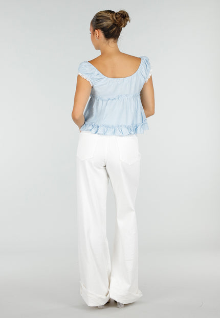 NEW120826 Lichtblauwe Blouse met Kant en Ruches