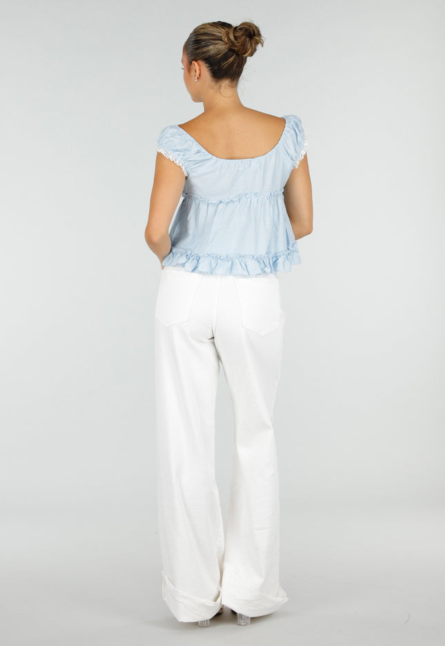 NEW120826 Lichtblauwe Blouse met Kant en Ruches