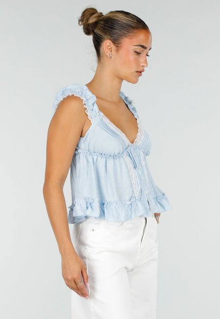 NEW120826 Lichtblauwe Blouse met Kant en Ruches