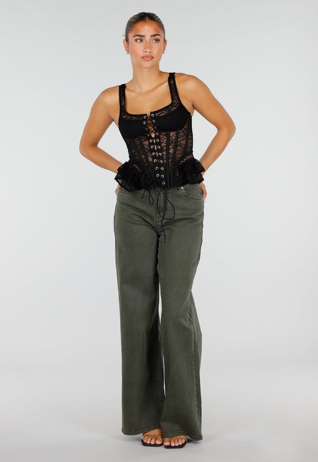 NEW120826 Olijfgroene Wide Leg Jeans