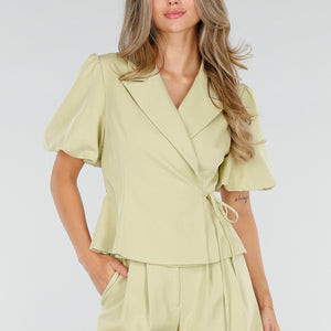 NEW120826 Pistache Blazer met Korte Pofmouwen