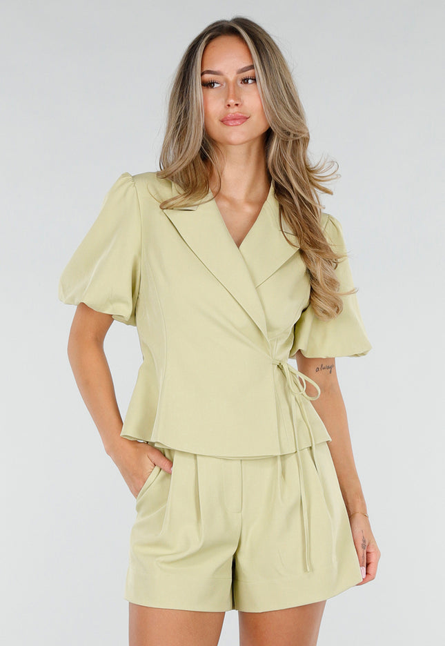 NEW120826 Pistache Blazer met Korte Pofmouwen