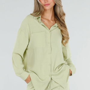 NEW120826 Pistache Blouse met Kraag en Knoopsluiting
