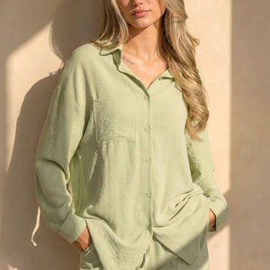 NEW120826 Pistache Blouse met Kraag en Knoopsluiting