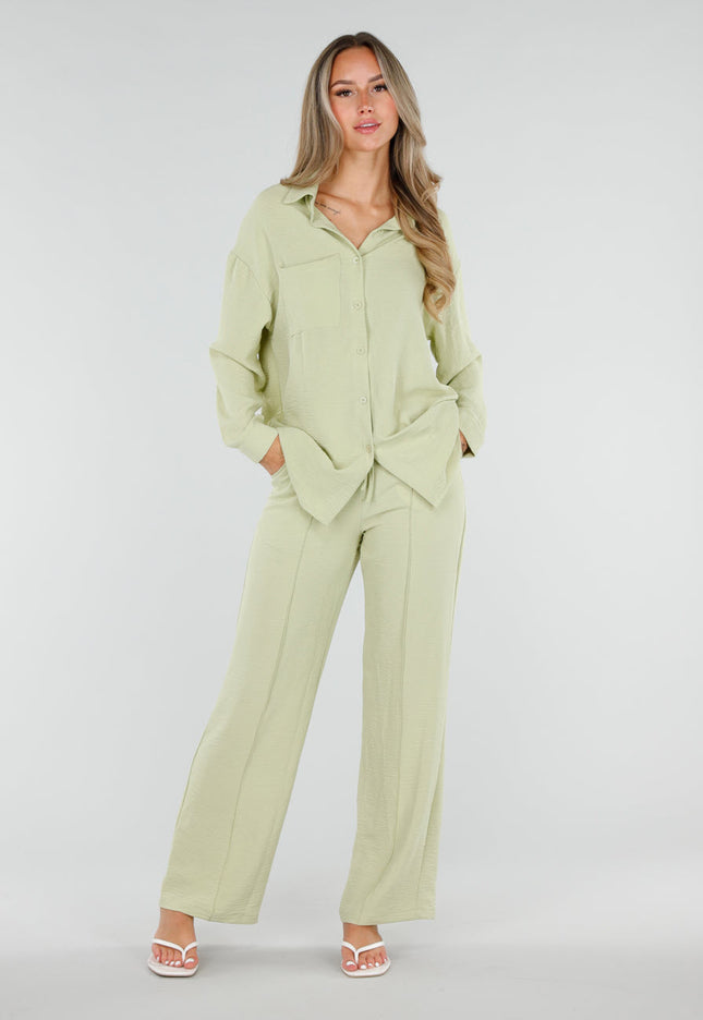 NEW120826 Pistache Wide Leg Broek met Strikkoord