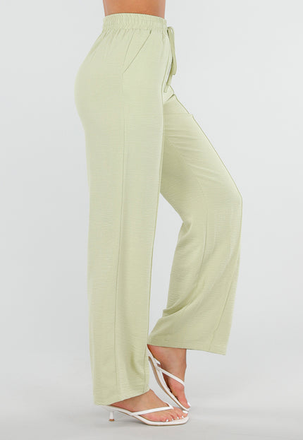 NEW120826 Pistache Wide Leg Broek met Strikkoord