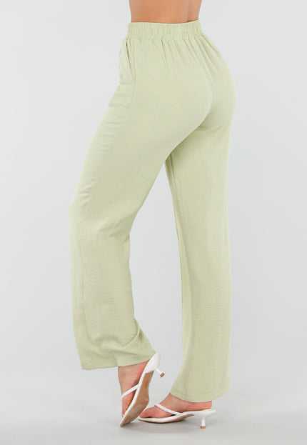 NEW120826 Pistache Wide Leg Broek met Strikkoord