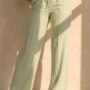 NEW120826 Pistache Wide Leg Broek met Strikkoord