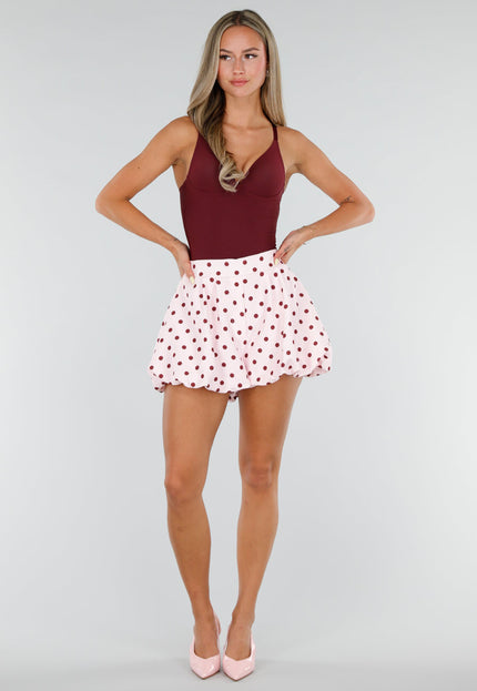 NEW120826 Roze Ballon Short met Bordeaux Stippen