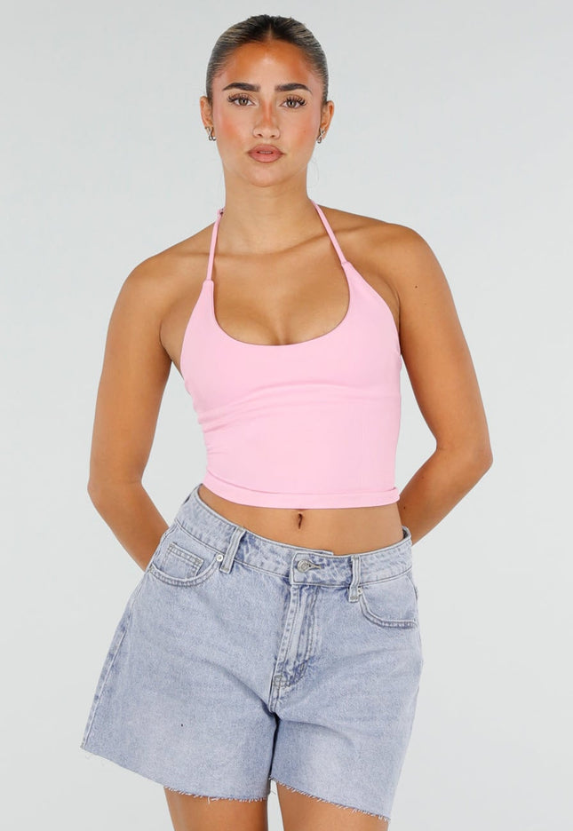 NEW120826 Roze Halter Sport Top met Uitneembare Pads