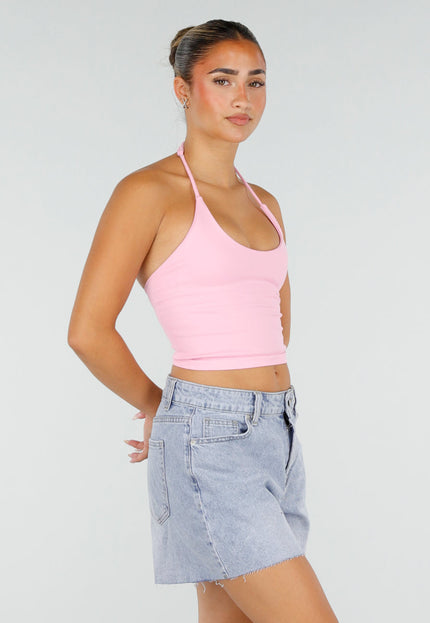 NEW120826 Roze Halter Sport Top met Uitneembare Pads