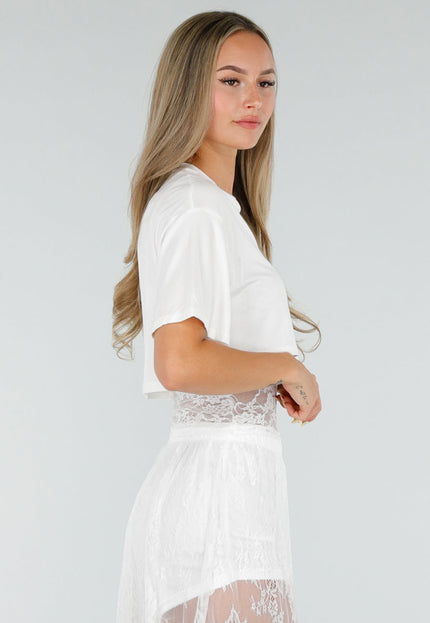 NEW120826 Witte Crop Top met Kant Taille
