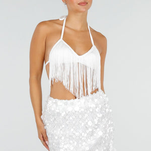 NEW120826 Witte Fringe Halter Top