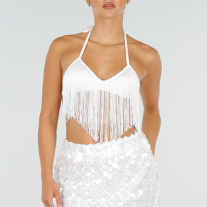 NEW120826 Witte Fringe Halter Top
