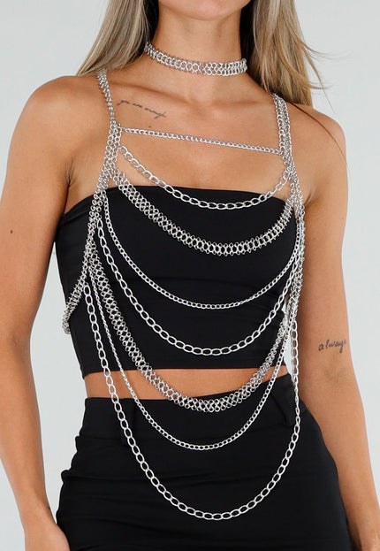NEW120826 Zilverkleurige Bodychain met Choker