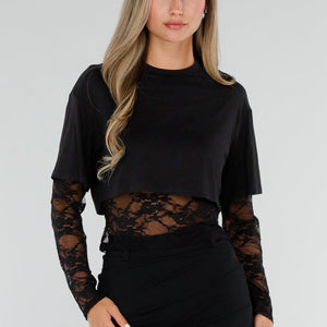 NEW120826 Zwarte Crop Top met Kanten Mouwen
