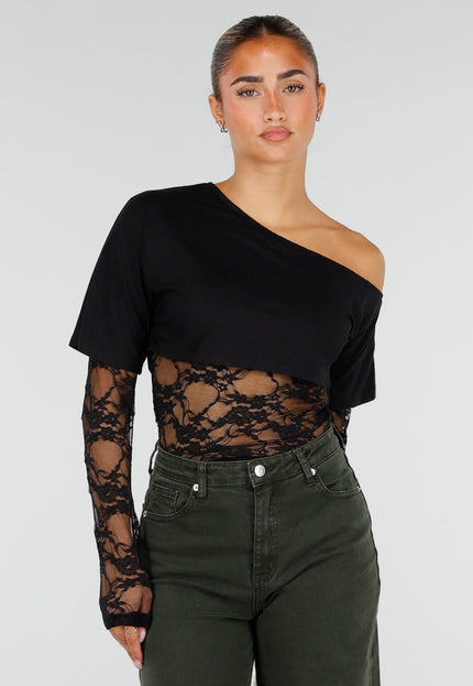 NEW120826 Zwarte One Shoulder Body met Kant