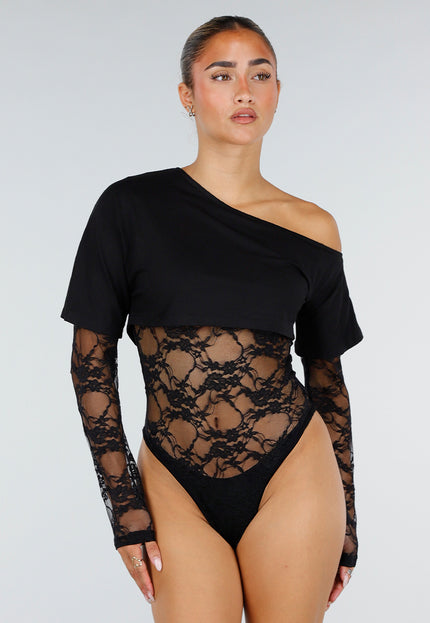 NEW120826 Zwarte One Shoulder Body met Kant