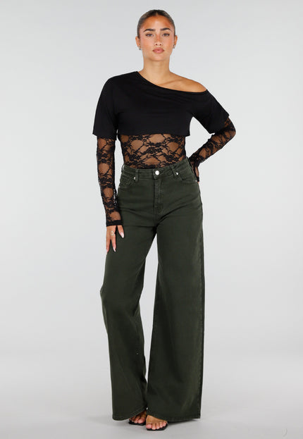 NEW120826 Zwarte One Shoulder Body met Kant