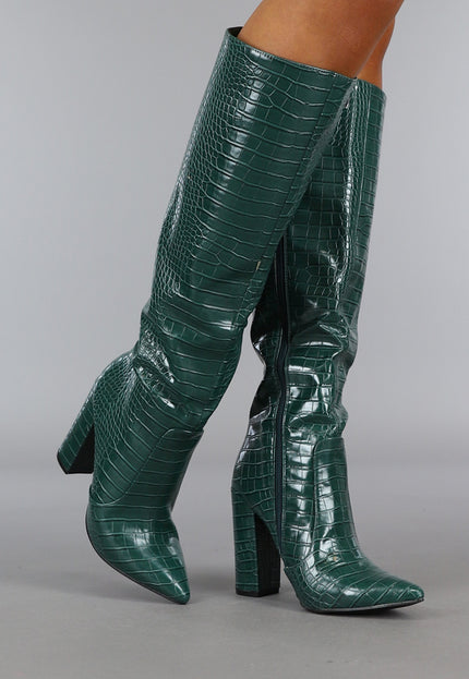 OP=OP.04.S Donkergroene Croco Laars met Spitse Neus