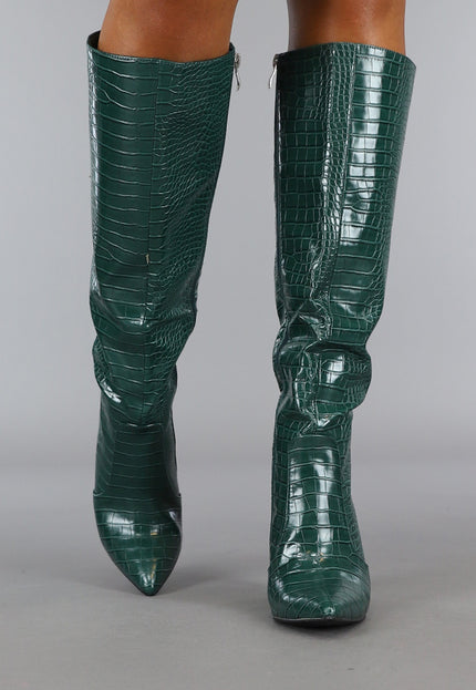OP=OP.04.S Donkergroene Croco Laars met Spitse Neus