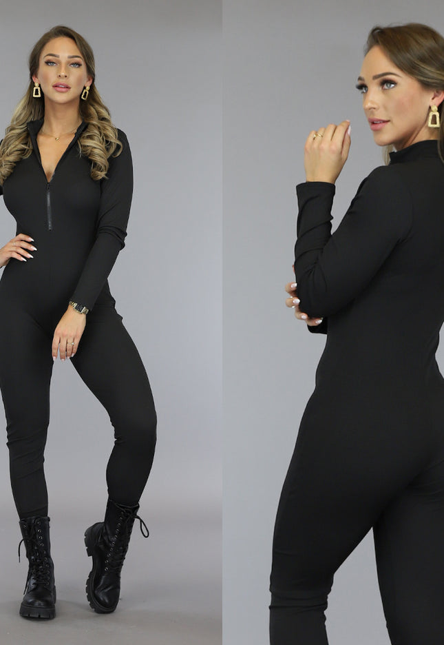 NEW1210 Zwarte Aansluitende Longsleeve Jumpsuit