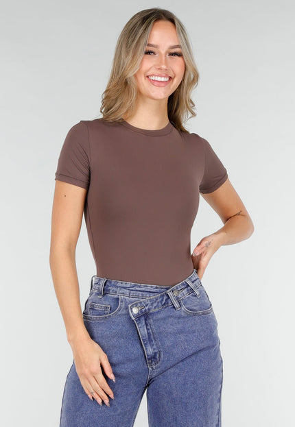 OP=OP.03.NL Bruine Skins Stringbody met Korte Mouwen