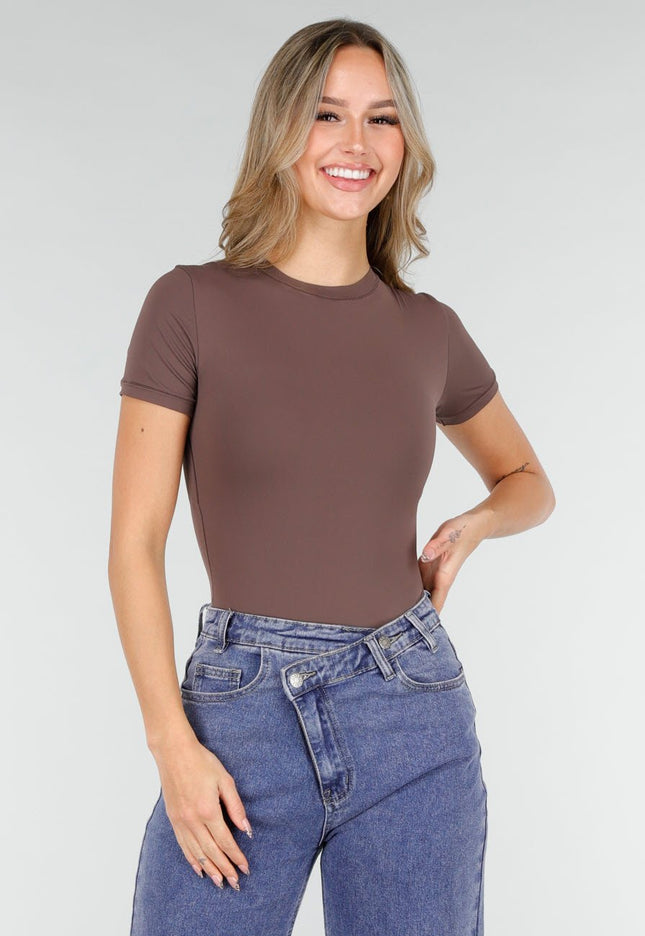 OP=OP.03.NL Bruine Skins Stringbody met Korte Mouwen