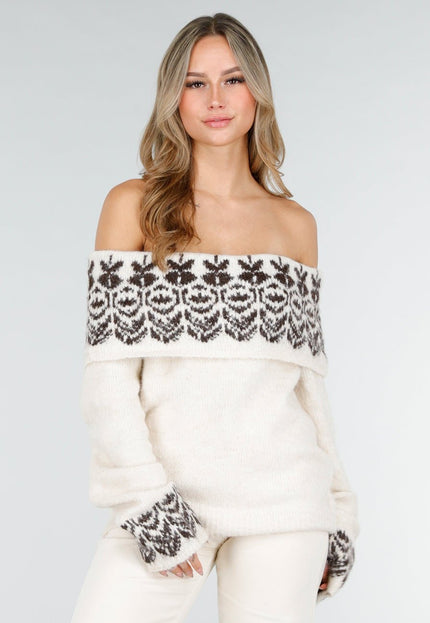 NEW121125 Crèmekleurige Off Shoulder Gebreide Trui