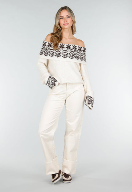 NEW121125 Crèmekleurige Off Shoulder Gebreide Trui