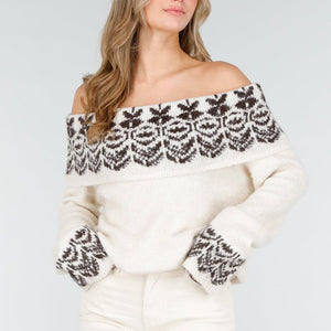 NEW121125 Crèmekleurige Off Shoulder Gebreide Trui