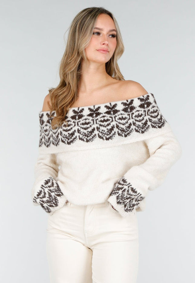 NEW121125 Crèmekleurige Off Shoulder Gebreide Trui