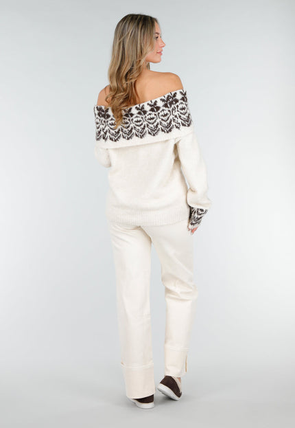 NEW121125 Crèmekleurige Off Shoulder Gebreide Trui