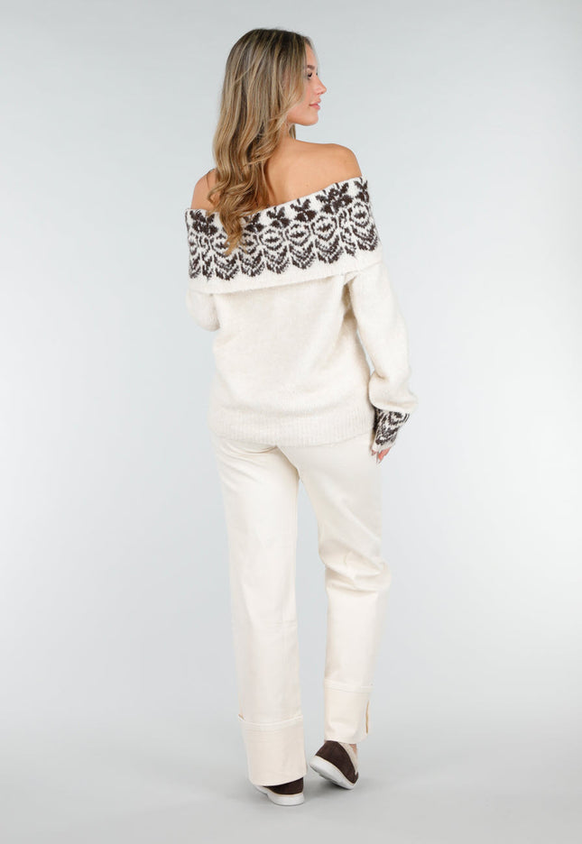 NEW121125 Crèmekleurige Off Shoulder Gebreide Trui