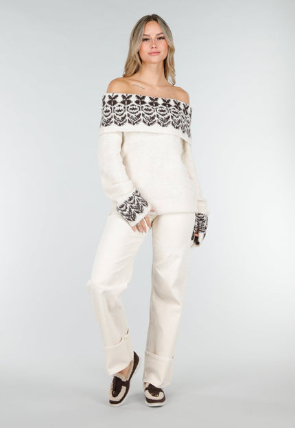 NEW121125 Crèmekleurige Off Shoulder Gebreide Trui