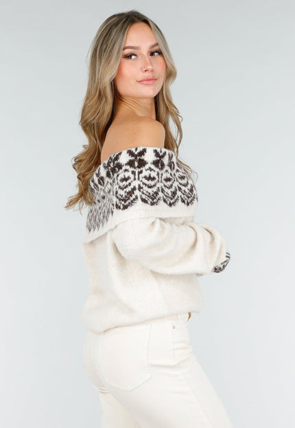 NEW121125 Crèmekleurige Off Shoulder Gebreide Trui