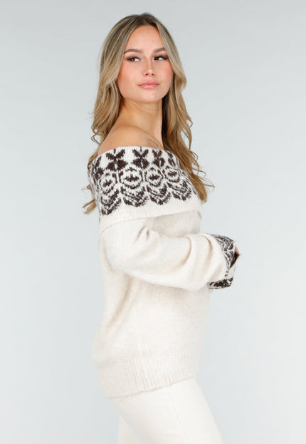NEW121125 Crèmekleurige Off Shoulder Gebreide Trui