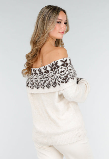 NEW121125 Crèmekleurige Off Shoulder Gebreide Trui
